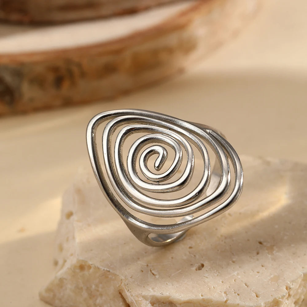 DOTIFI Stainless Steel Geometric Spiral Open Ring For Men And Women, Retro, Unique, Exaggerated Design Adjustable Ring Jewellery