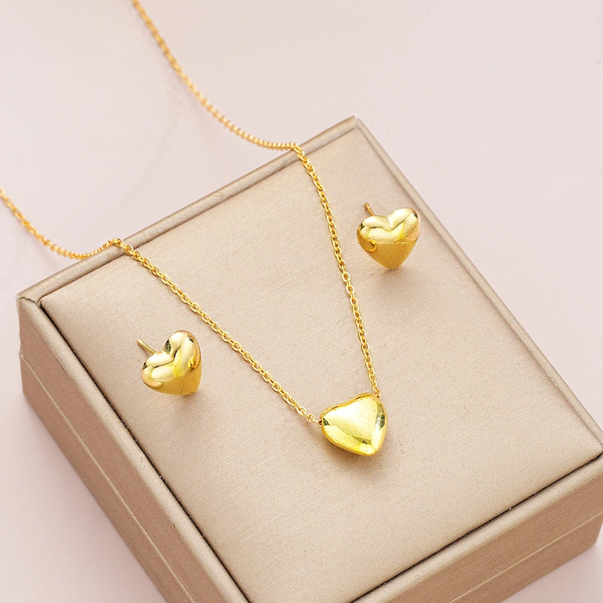 Boho Chic Gold Color Heart Necklace & Stud Earring Set