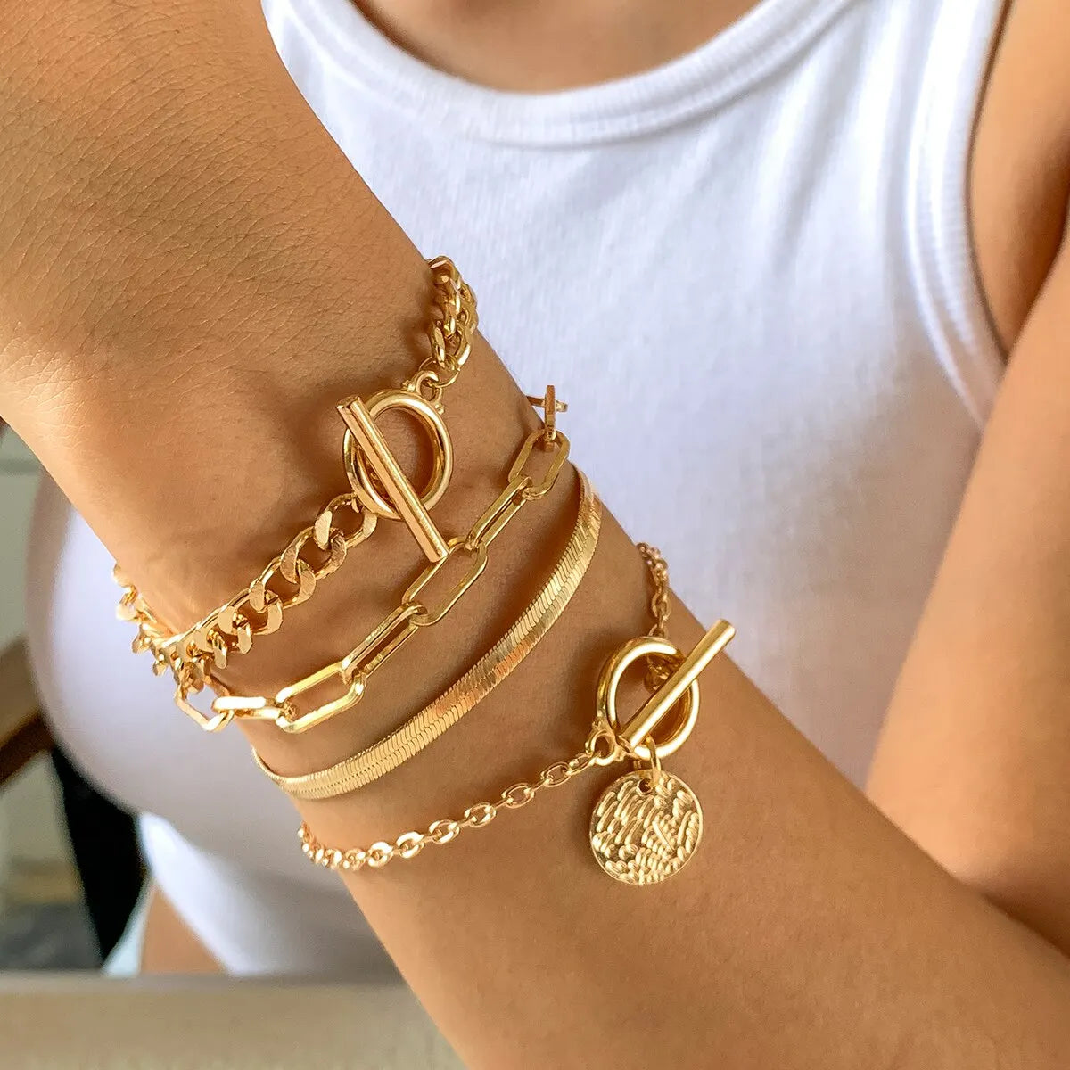 Punk Cuban Link & Snake Chain Coin Pendant OT Buckle Bracelet
