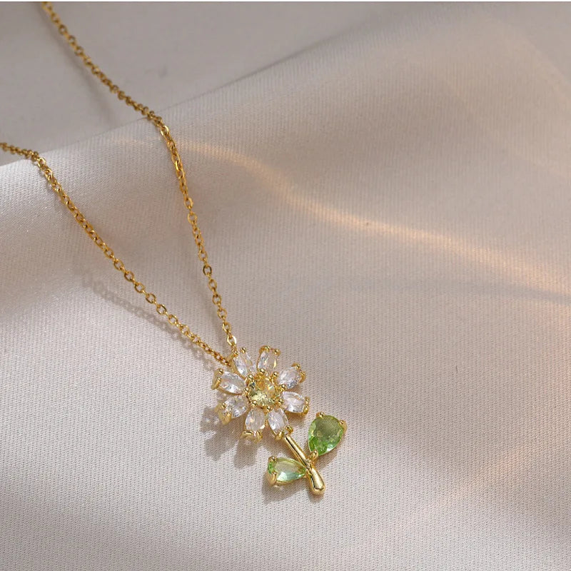 Crystal Sunflower Little Daisy Blade Chain Plant Pendant Necklace Earrings Jewelry Set Women's Luxury Stainless Steel Clover
