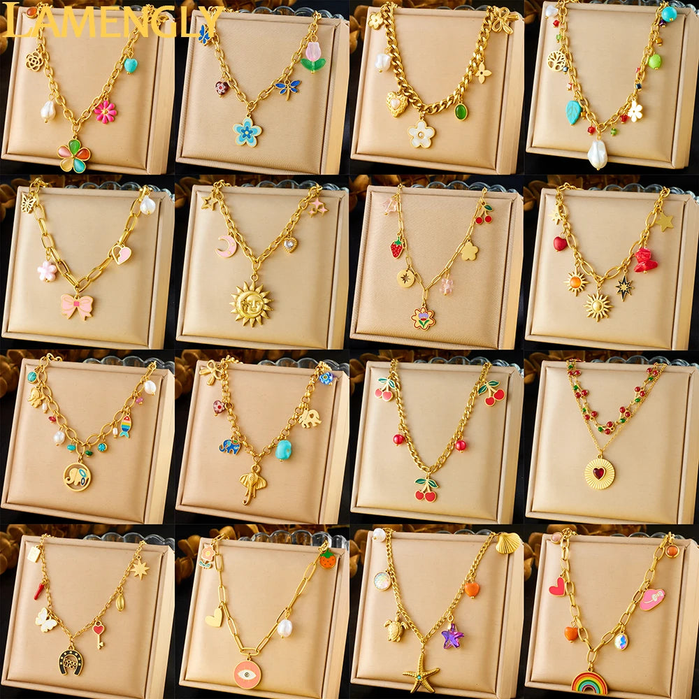 LAMENGLY 316L Stainless Steel Dopamine 5-Leaf Flower Bow Sun Heart  Cherry Necklace Women's Novel Chic Neck Chain Holiday Gifts