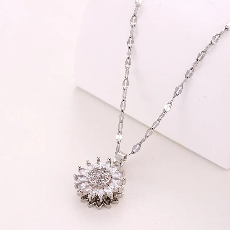 Trendy Rotating Spinner Sunflower Stainless Steel & Zircon Pendant Necklace