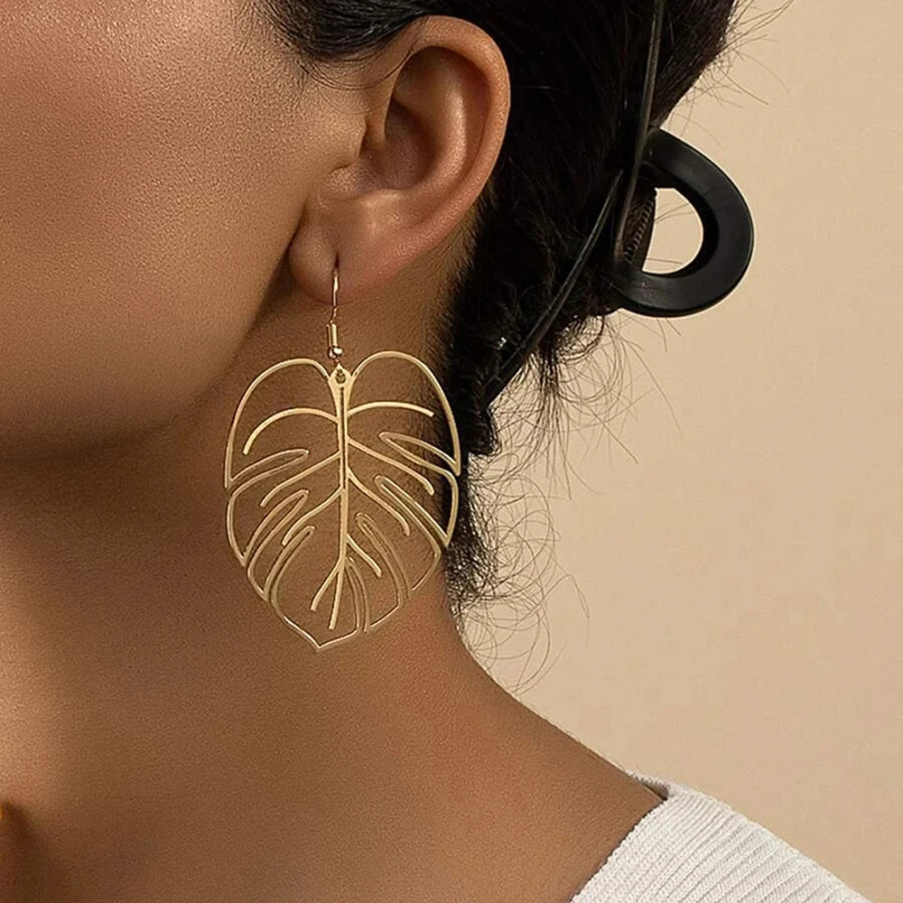 DOTIFI Stainless Steel Bohemian Hollow Exaggerated Leaf Dangle Drop Earring For Women Lady Geometric Female Jewelry