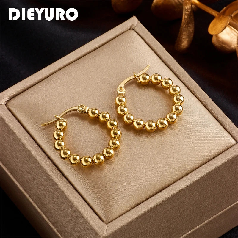 DIEYURO 316L Stainless Steel Beads Hoop Earrings For Women New Design 3-Color Girls Ear Jewelry Party Wedding Gift Bijoux серьги