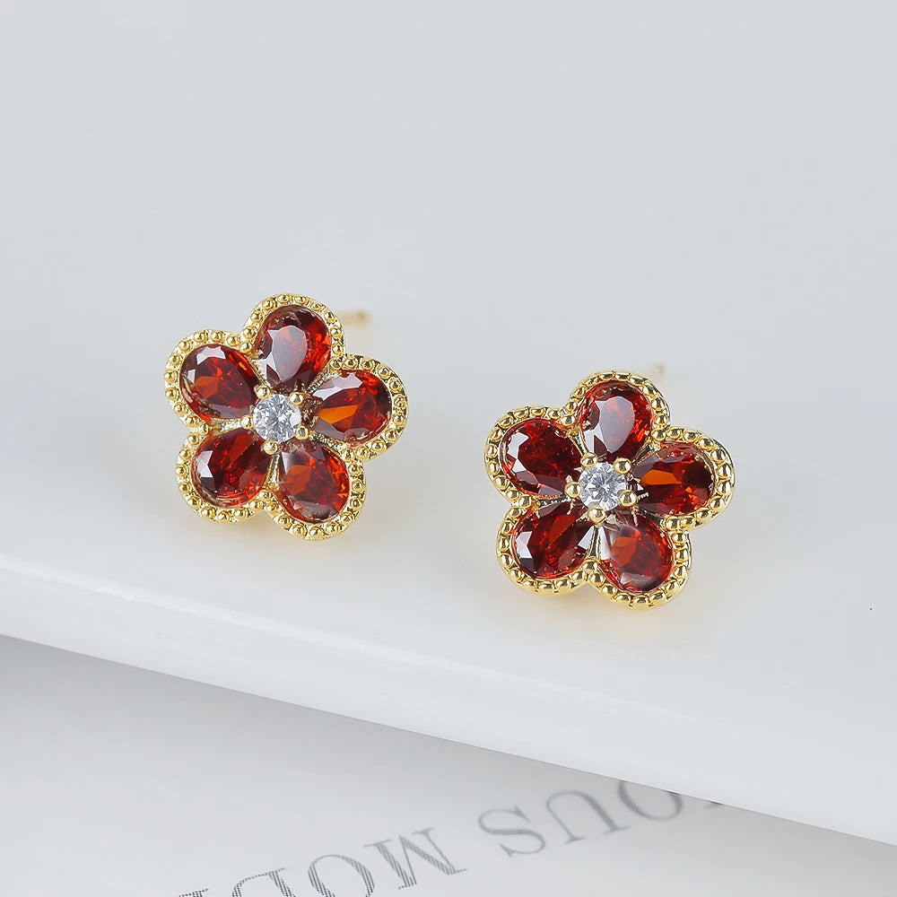 2PC Glass Crystal New Sweet Pendant Necklace Earrings Plum Blossom Five Leaf Flower Luxury Plant Women's Gift Clover