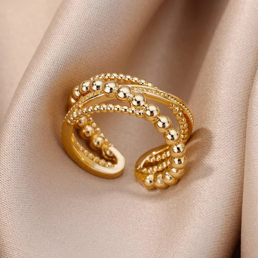 316L Stainless Steel Gold-Color Multilayer Geometric Open Ring