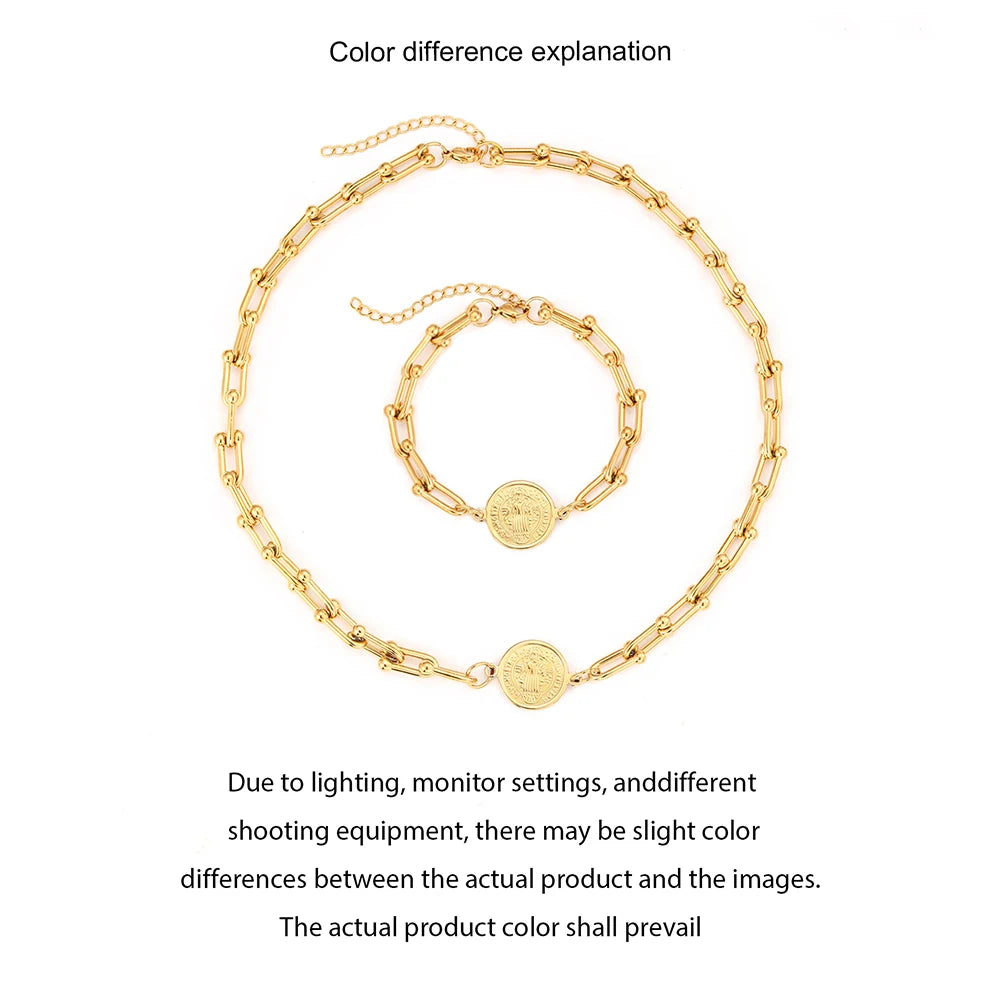 2pcs Vintage Medallion Jewelry Set,Gold Paperclip Chain Necklace&Bracelet,Elegant Style for Women,Great for Everyday&Parties