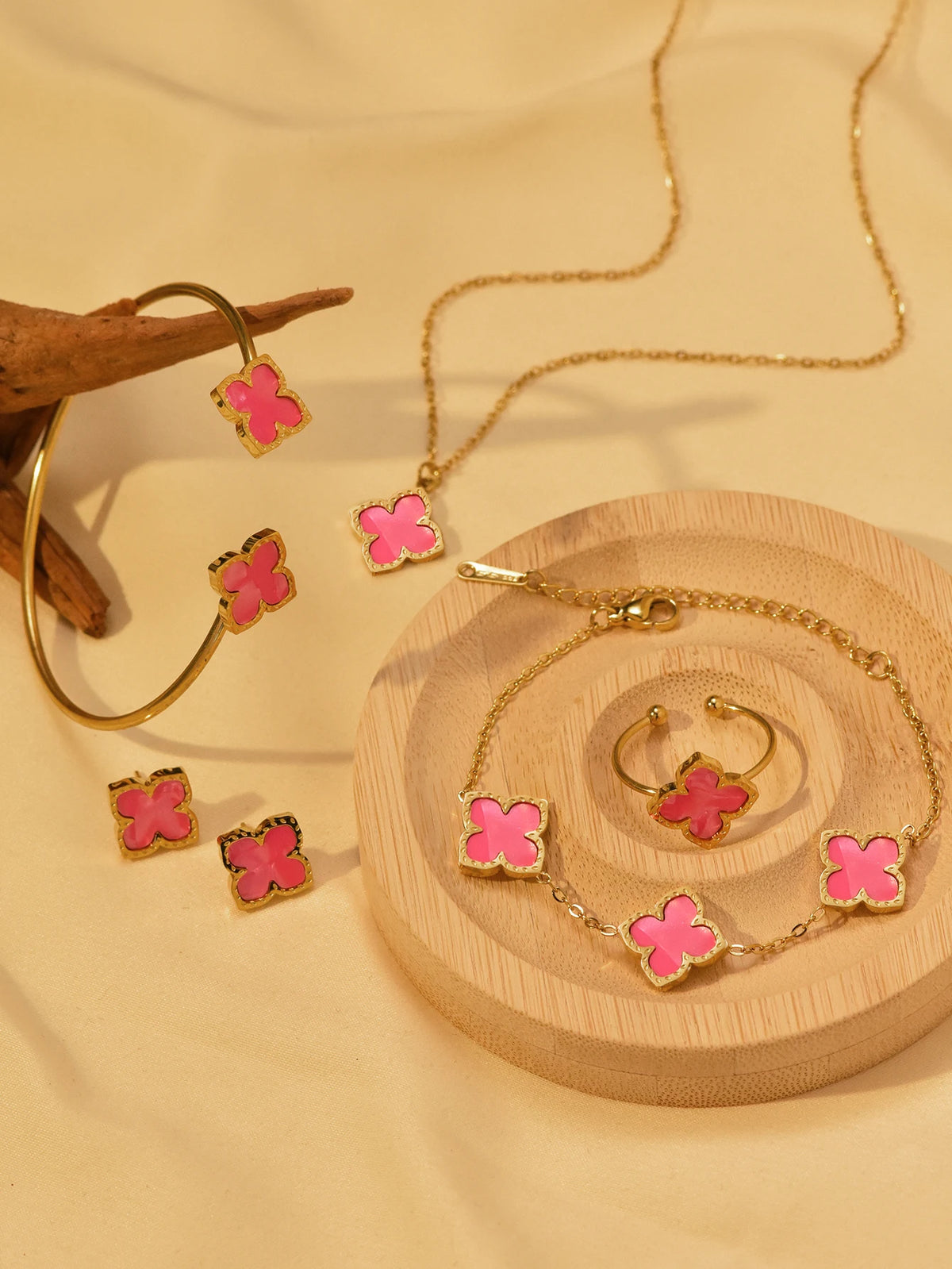 6 Pcs Clover Necklace, Bracelet, Bangle, Earring & Ring Jewelry Set
