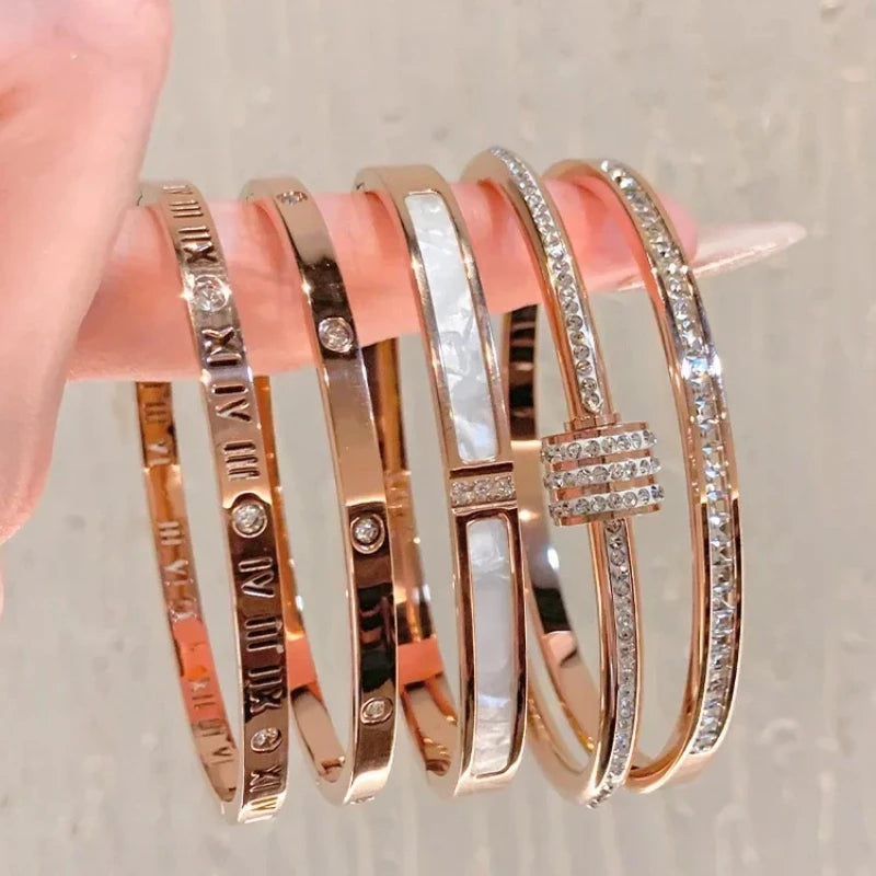 Titanium Steel Rose Gold Sparkling Zircon Waterproof Bangle