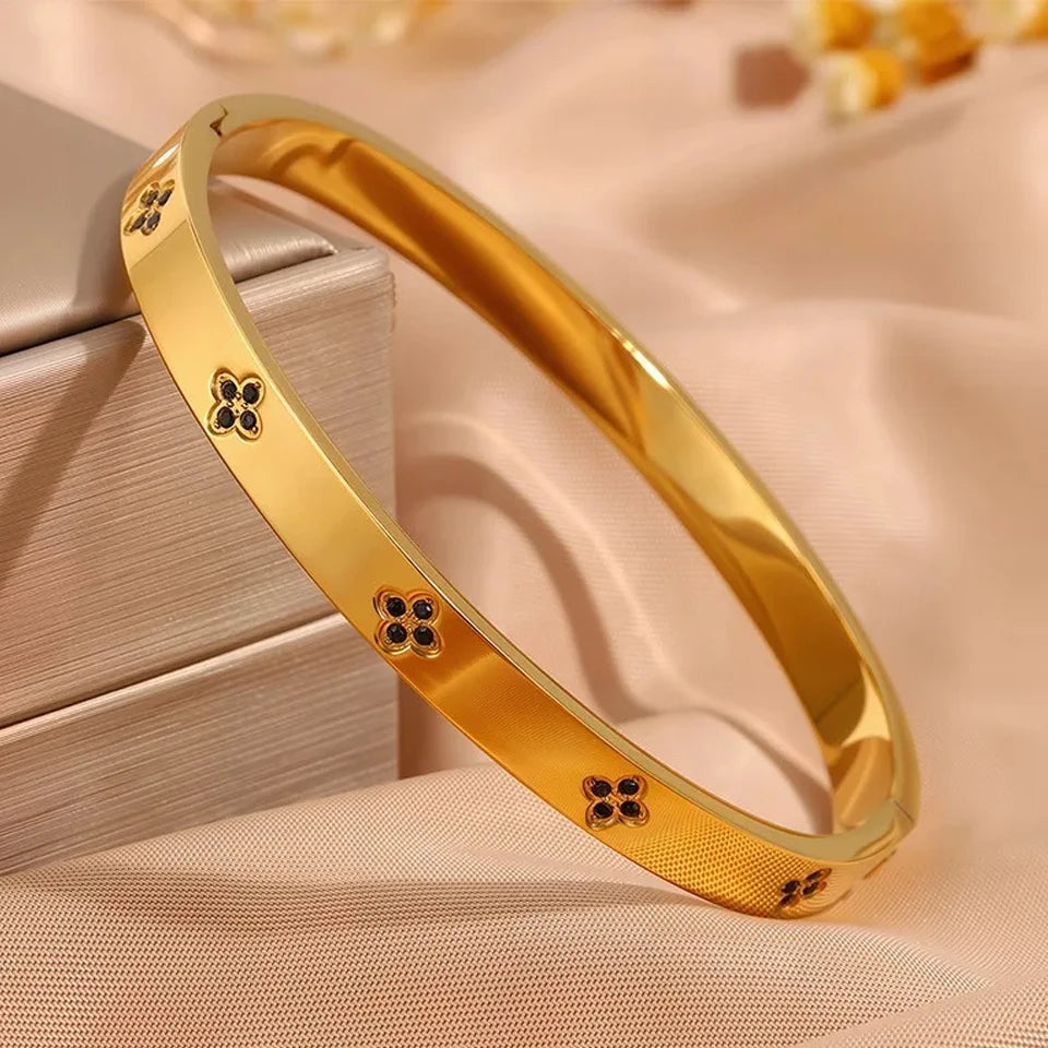 Sparkling Zirconia-Inlaid Stainless Steel Stackable Bracelet Set
