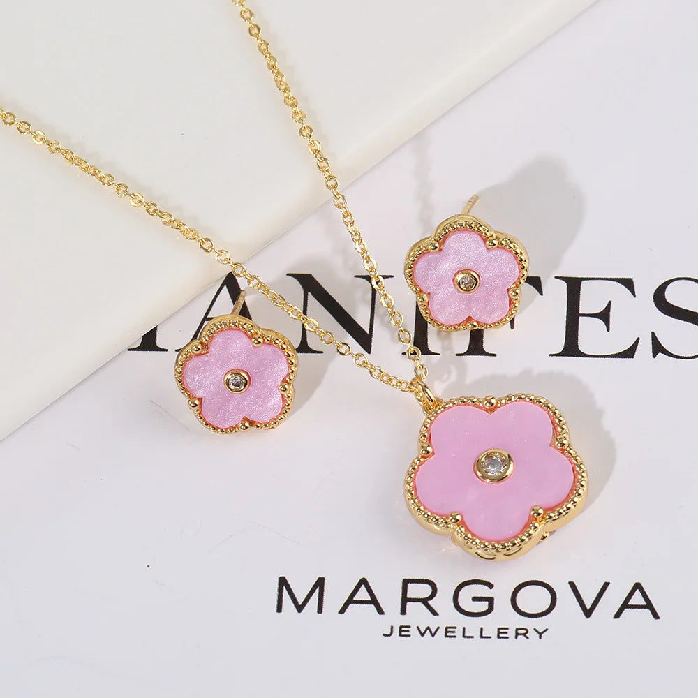 Double Sided Zircon New Design Plant Pentaphyllum 2pc Set Cute Shell Jewelry For Women's High-Quality Gifts Luxurious Clover