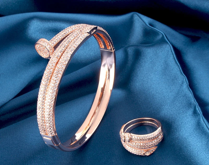 Women Luxury Geometry Cubic Ziron Engagement Bridal Statement  Bracelet Ring Jewelry copper Lady Gift