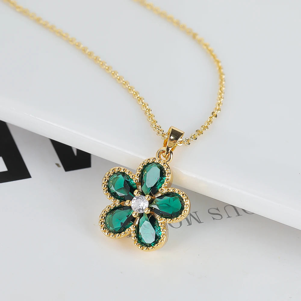 2PC Glass Crystal New Sweet Pendant Necklace Earrings Plum Blossom Five Leaf Flower Luxury Plant Women's Gift Clover