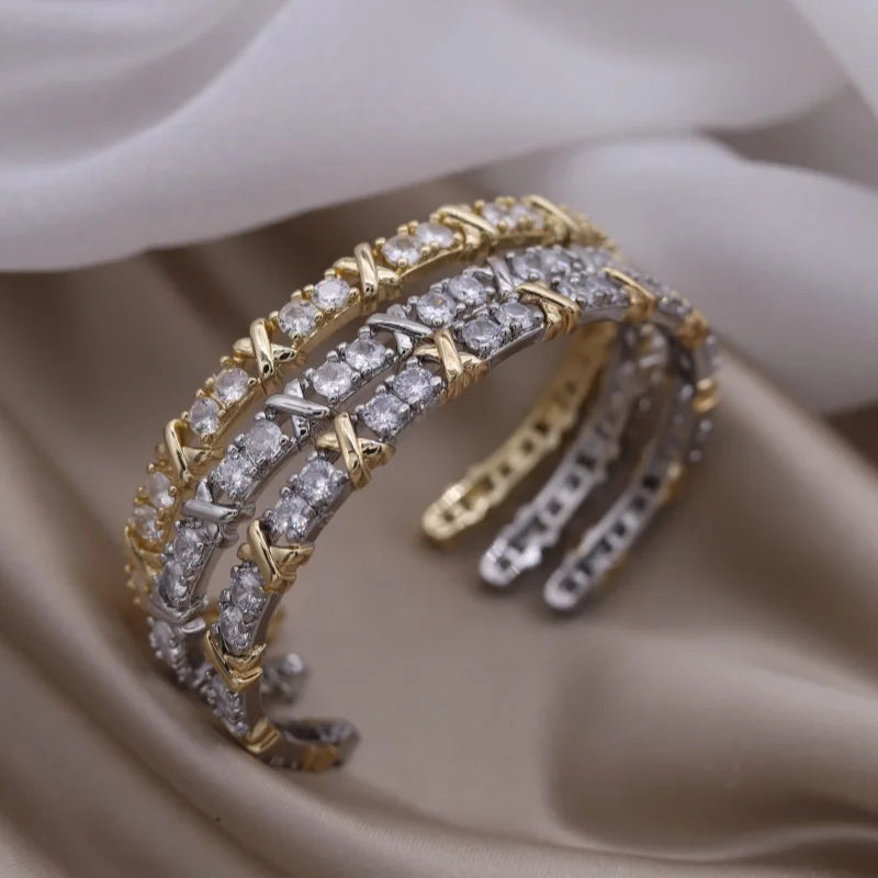 2024 French new design fashion jewelry two-color plated zircon letter X opening bracelet elegant women's daily work accessories