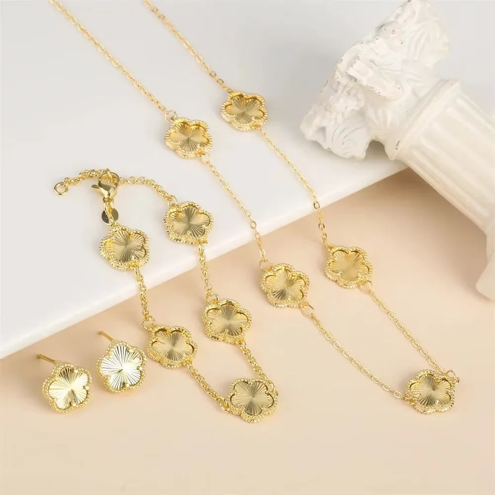 Hot Sale 14 Colors Five-Leaf Flower Set Bracelet Necklace Classic Simple Women Jewelry Set Suitable For Daily Party Wear Clover