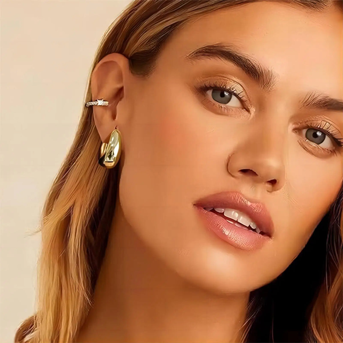 Hip-Hop Gold-Color U-Shape Water Drop Zirconia Earrings 3-Piece Set