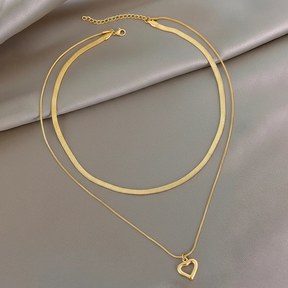 Stainless Steel Gold Layered Herringbone&Heart Pendant Necklace,Minimalist Dainty Style for Women, Daily Wear & Holiday Jewelry