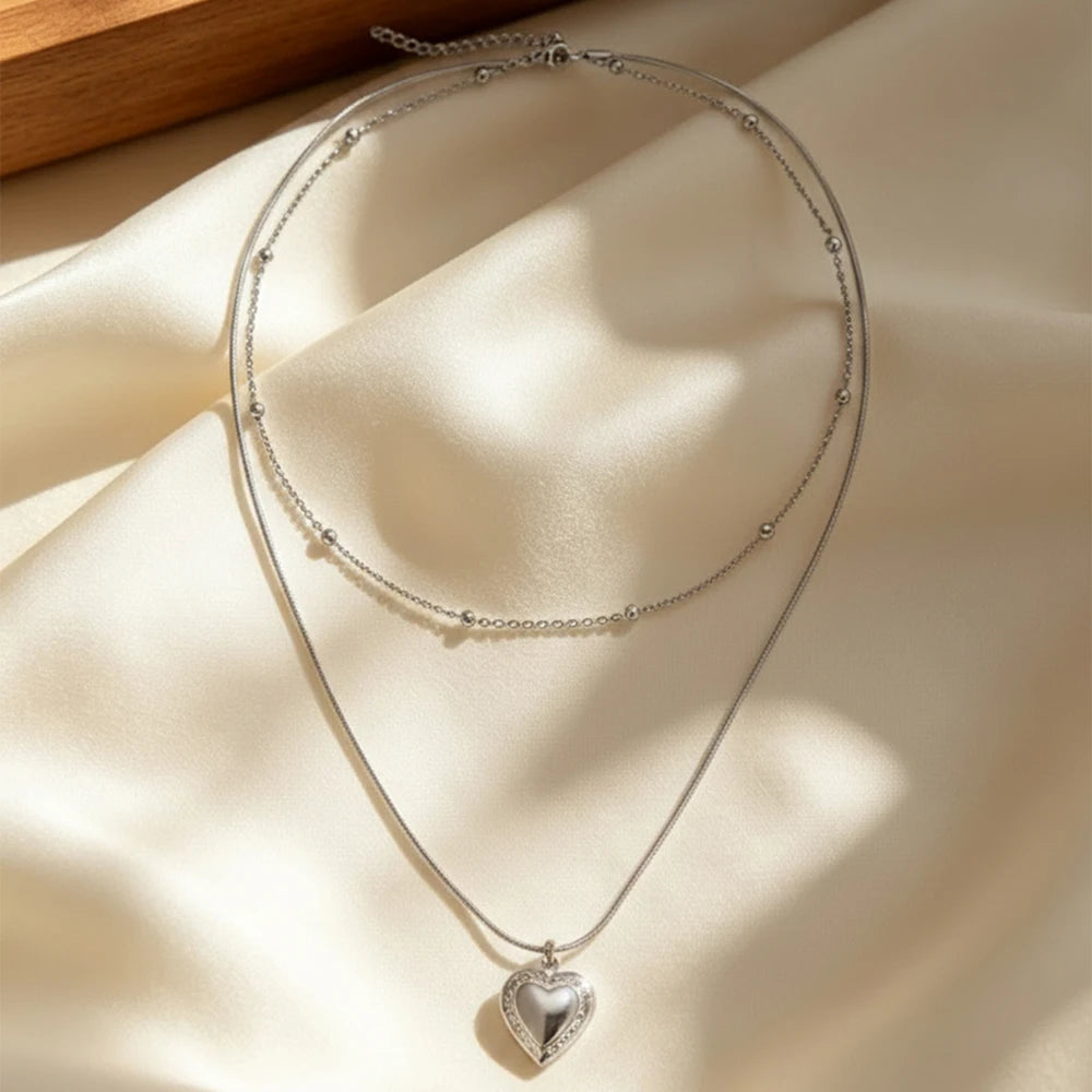 1pc Double-layer Heart Locket Necklace,Openable Photo Pendant&Ball Chain,Elegant Aesthetic For Girls,Everyday&Party Accessories