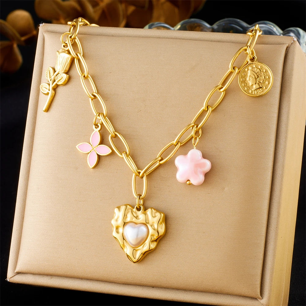DIEYURO 316L Stainless Steel Golden Heart Sun Multiple Pendants Necklace Women New Fashion Marine Style Neck Chain Jewelry Gift