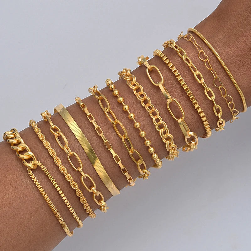 Simple Punk Chunky Chain & Snake Twisted Metal Bracelet Set, 9 Pcs/Set