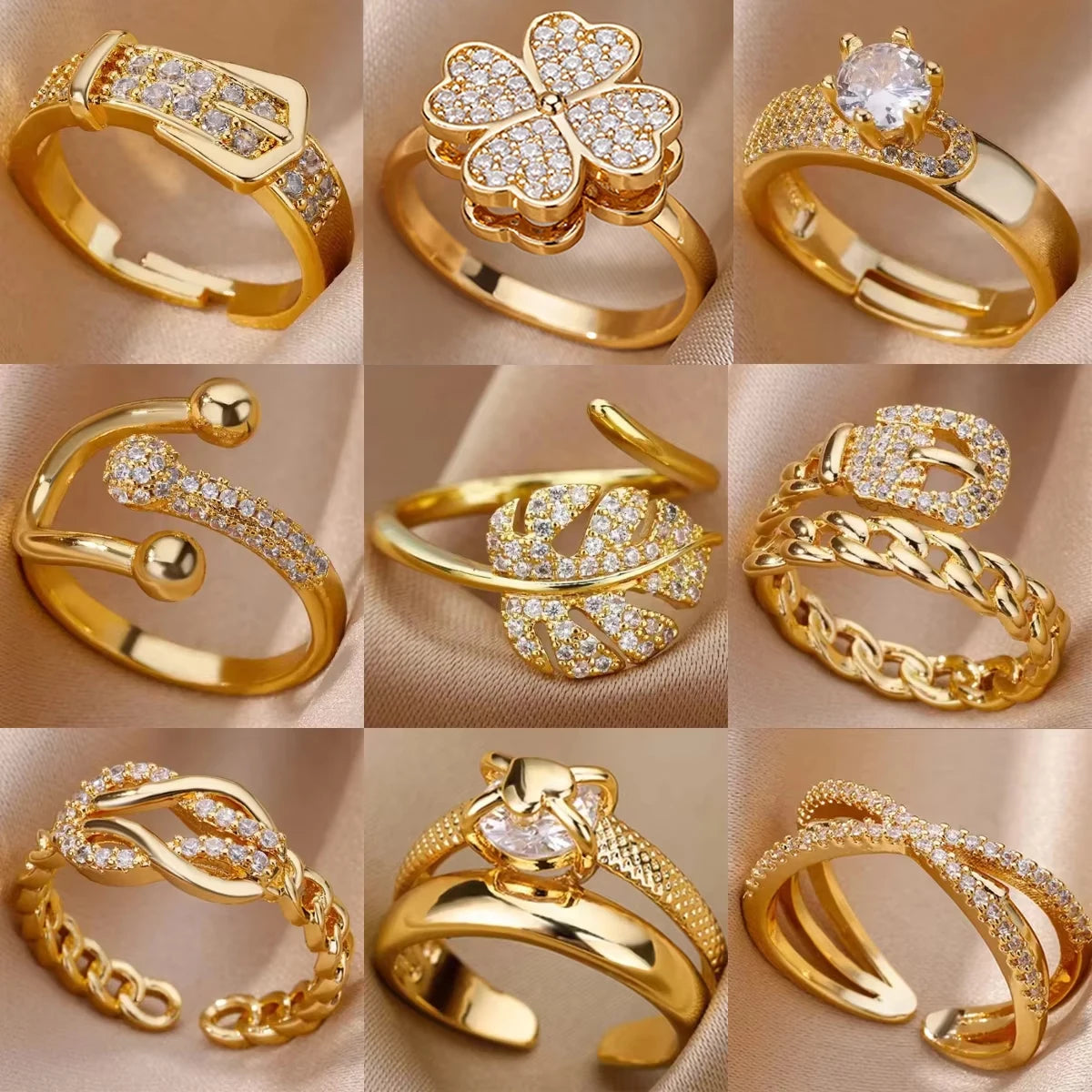 Gold-Plated Stainless Steel Crystal & Geometric Chain Ring