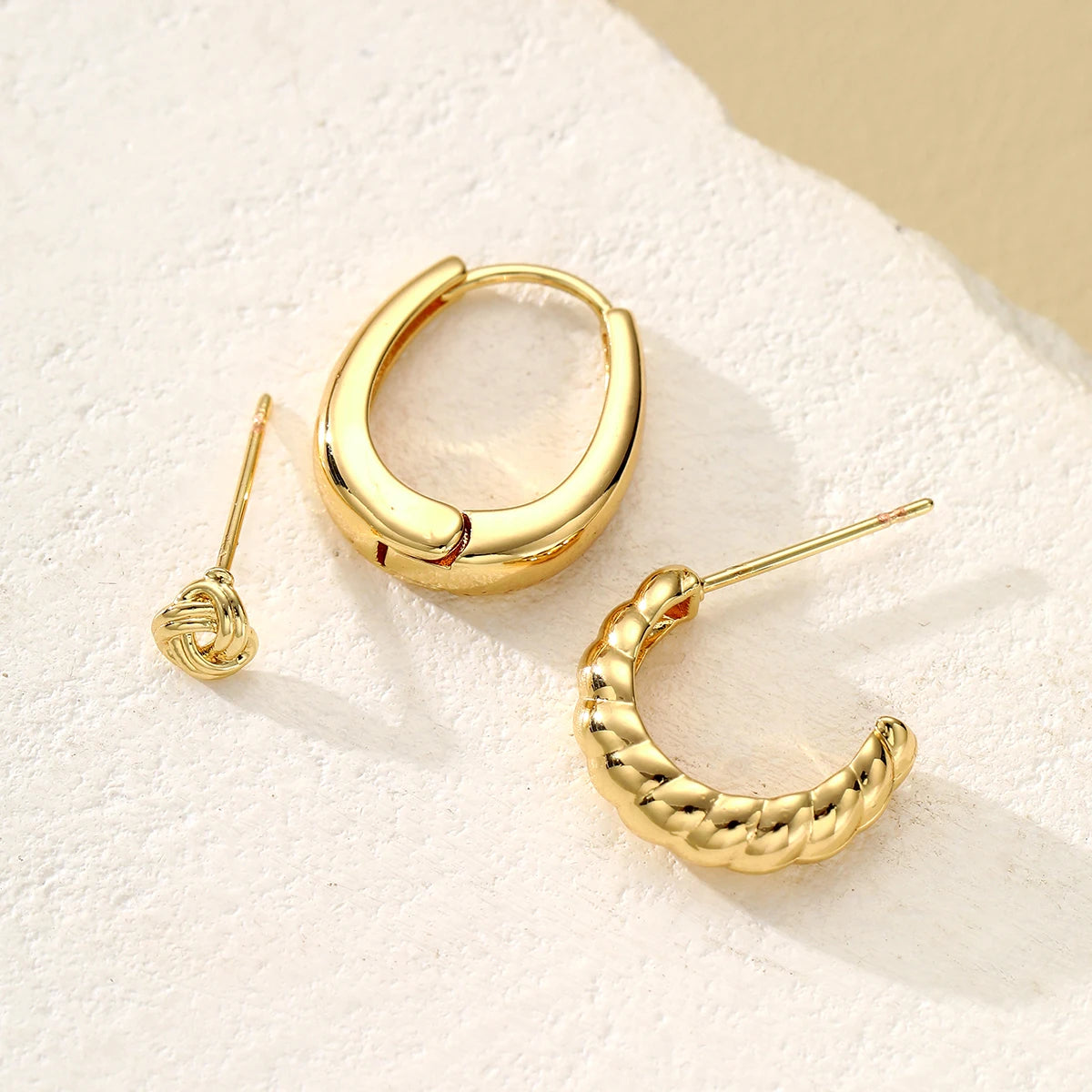 Simple Vintage Gold Color Geometric Circle Hoop Earring Set, 3 Pcs/Set