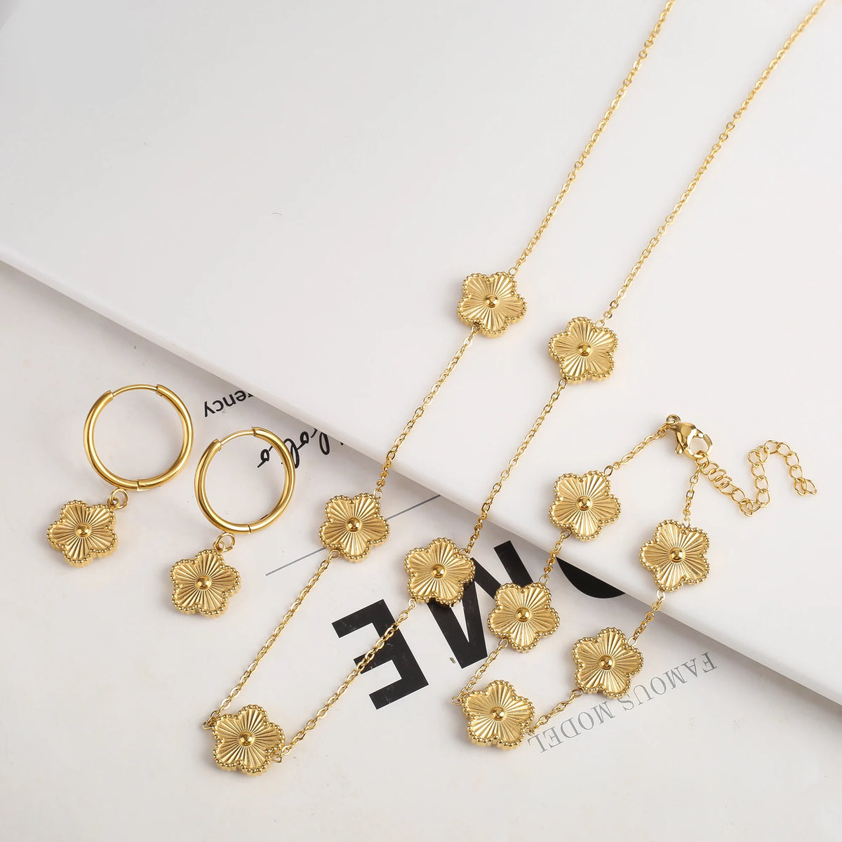 Metal Plum Blossom New Plant Five Leaf Flower Creative Bracelet Necklace Earring Set Women's Luxury Stainless Steel Clover