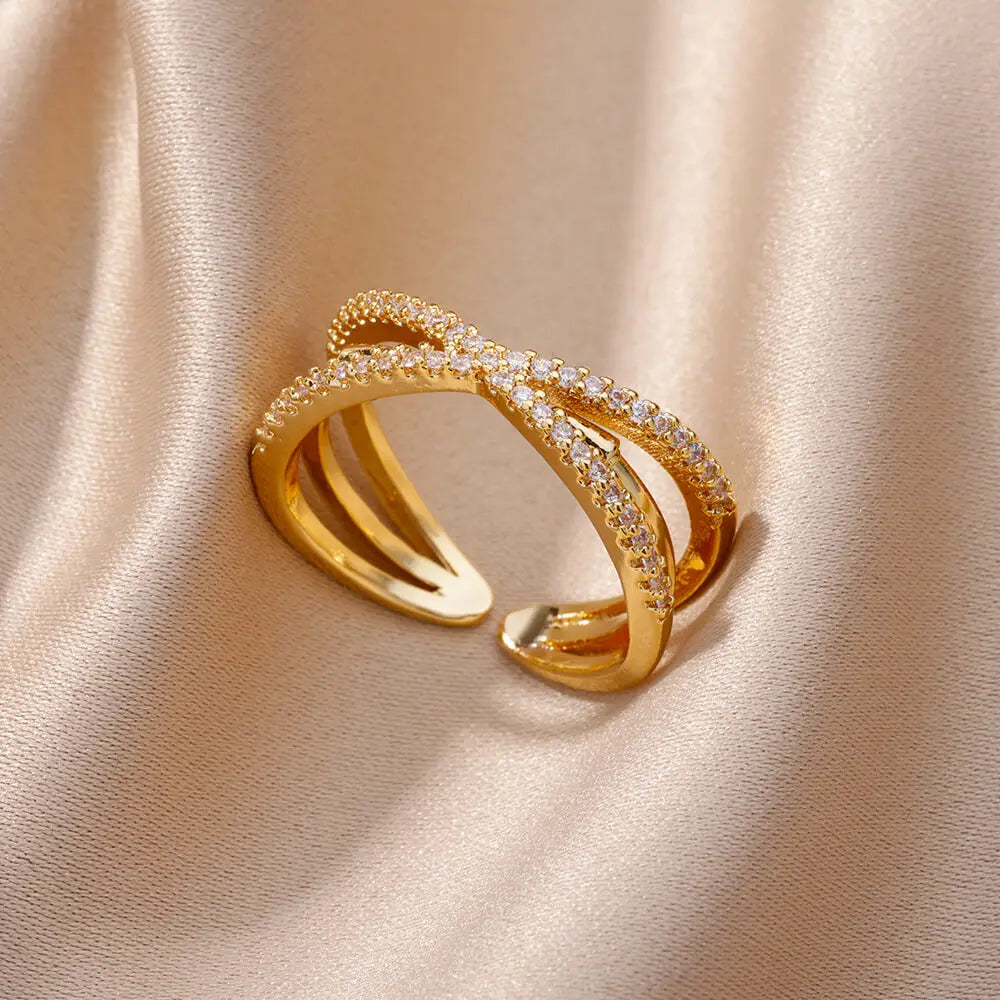 Zircon Geometric Rings For Women Gold Color Stainless Steel Opening Ring Luxury Wedding Party Aesthetic Jewerly Gift Femme 2024