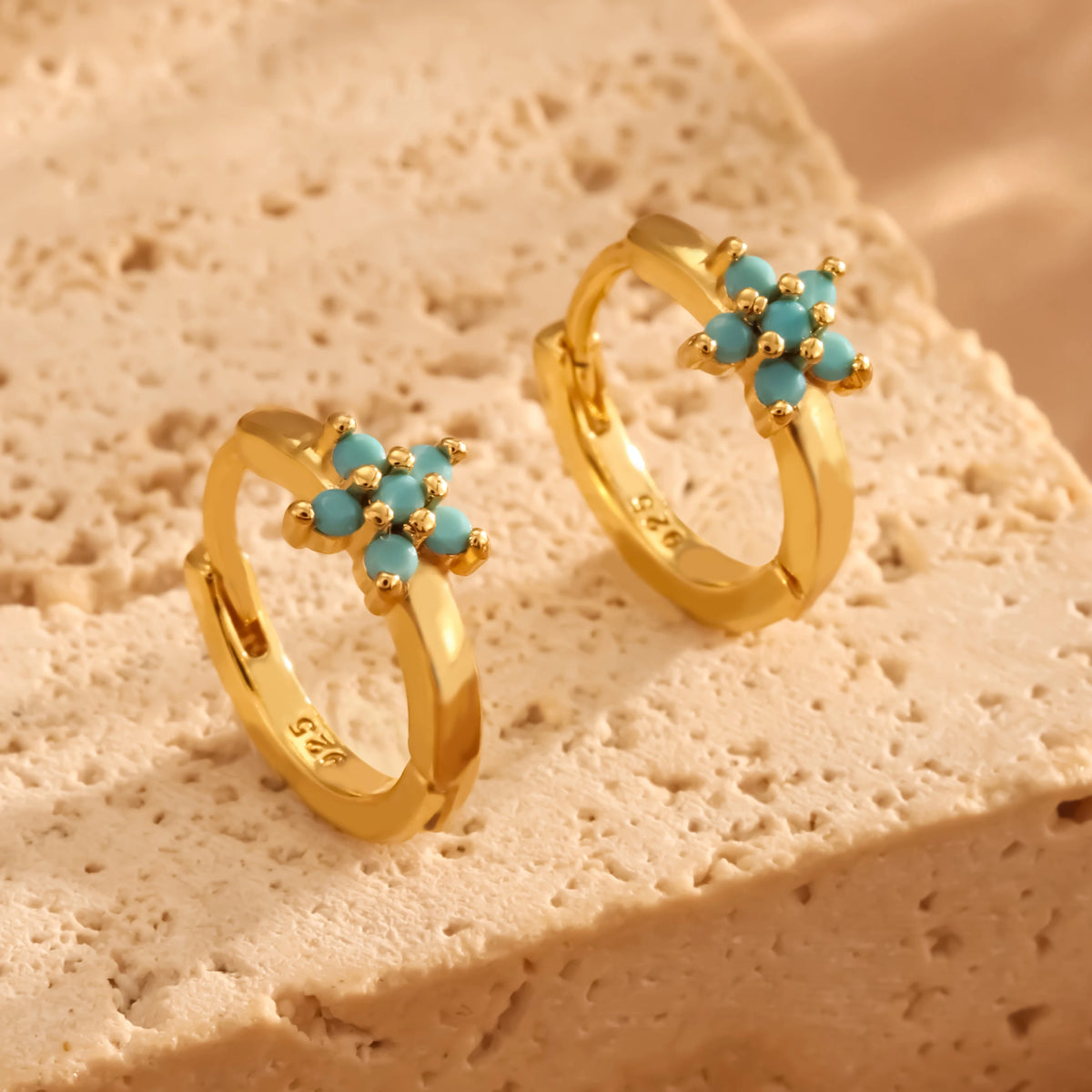 Luxury Gold-Color Plated Turquoise & Micro-Inlaid Blue Zircon Hoop Earrings