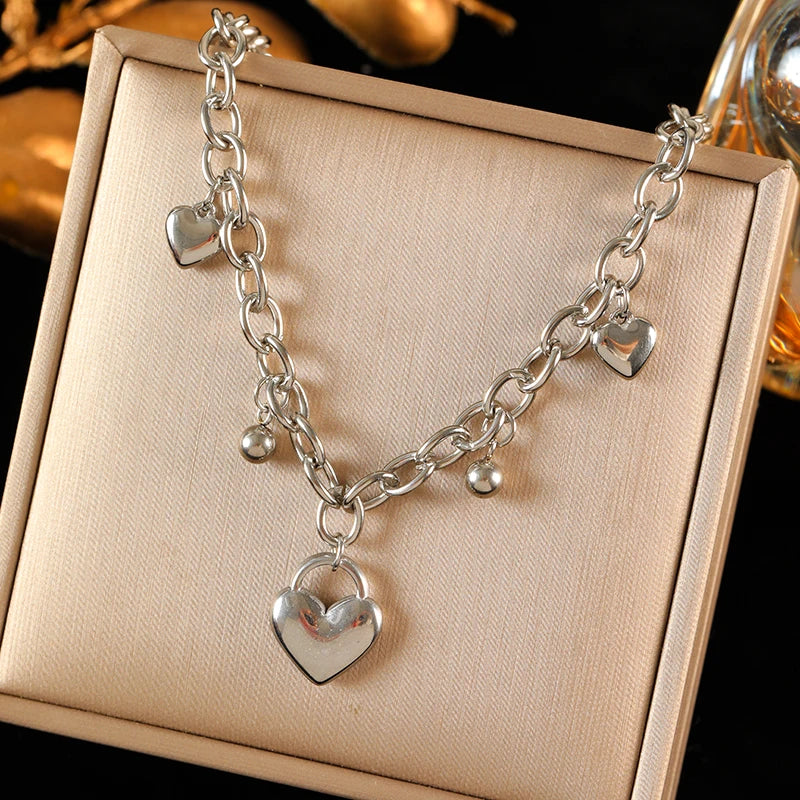 EILIECK 316L Stainless Steel Metal Heart Beads Charms Necklace Bracelet Set For Women Fashion Statement Waterproof Jewelry Gift