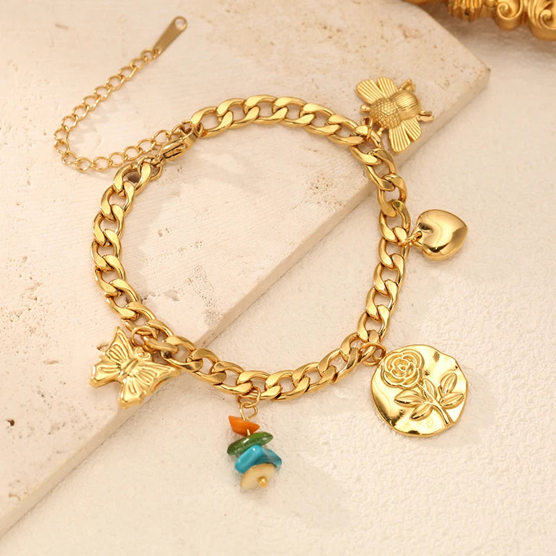 EILIECK Women's Fashion Retro Multi-Charm Chain Bracelet Gold Color Stainless Steel Flower Heart Butterfly Charm Bangle Jewelry