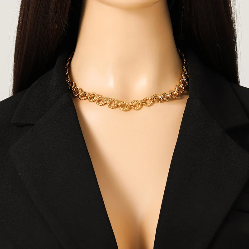 EILIECK 316L Stainless Steel Metal Gold Color Round Link Chain Necklace Bracelet Set For Women Fashion Punk Waterproof Jewelry