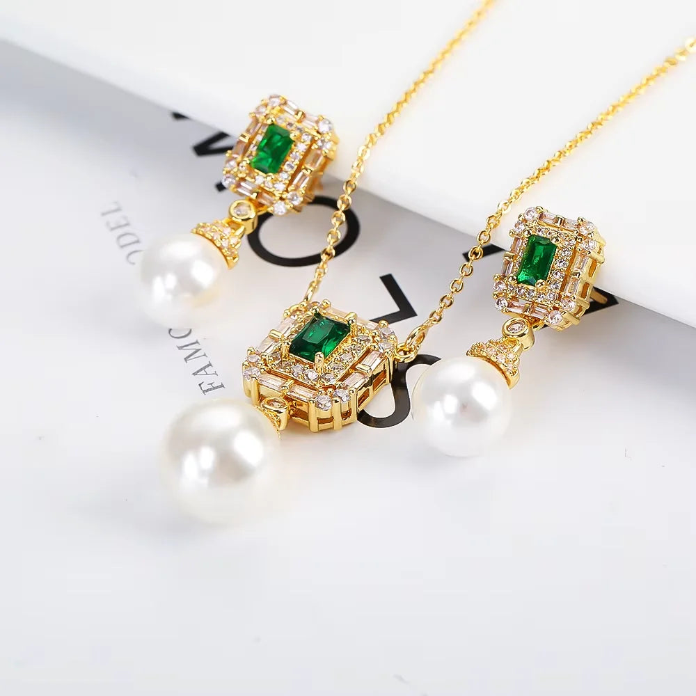 Luxury New Design Simple Irregular Pearl Classic Retro Pendant Necklace Earring Jewelry Set 18K Gold Plated Square Crystal Women