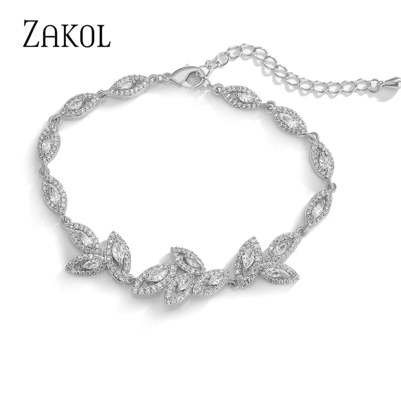 ZAKOL Luxury Gold Color Leaf Bridal Wedding Jewelry Sets for Women Marquise Zircon Earrings Necklace Bracelets Set