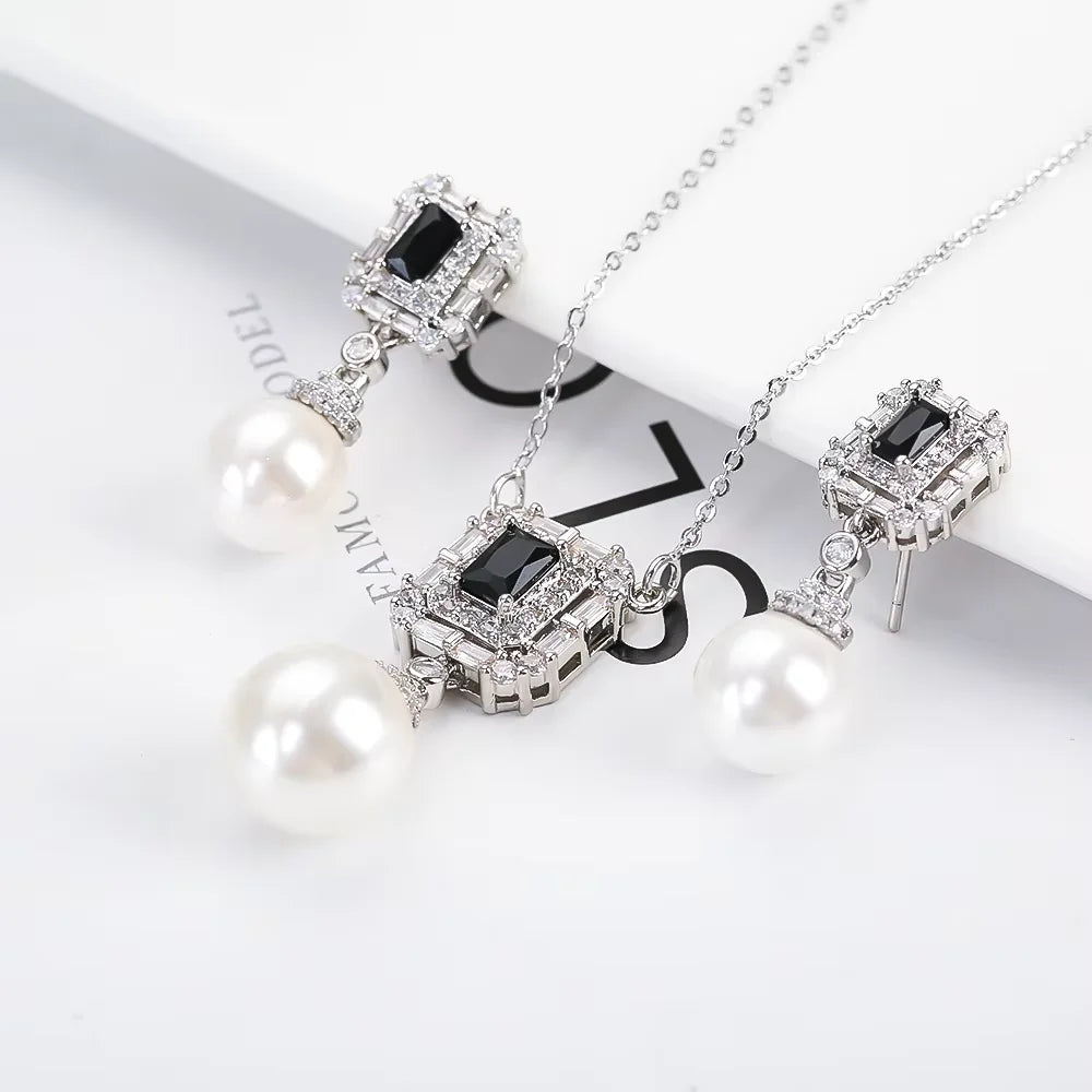 Luxury New Design Simple Irregular Pearl Classic Retro Pendant Necklace Earring Jewelry Set 18K Gold Plated Square Crystal Women