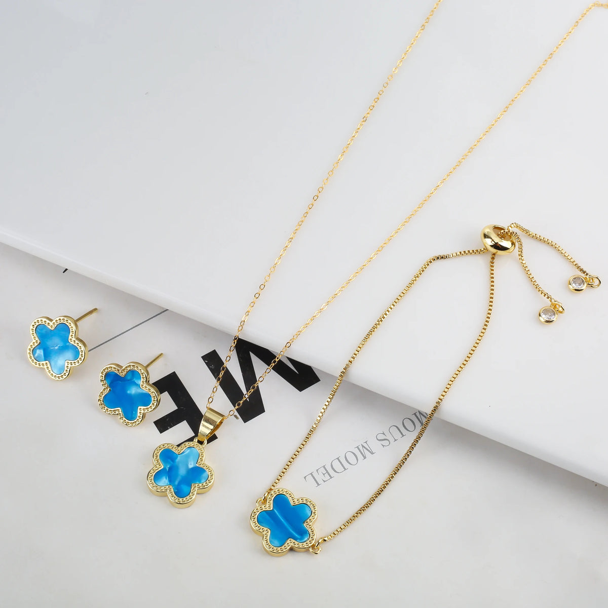 6-Color Plum Blossom Five Point Star Jewelry Set Cute Plant Five Leaf Flower Shell Gift Bracelet Necklace Earrings Woman Clover