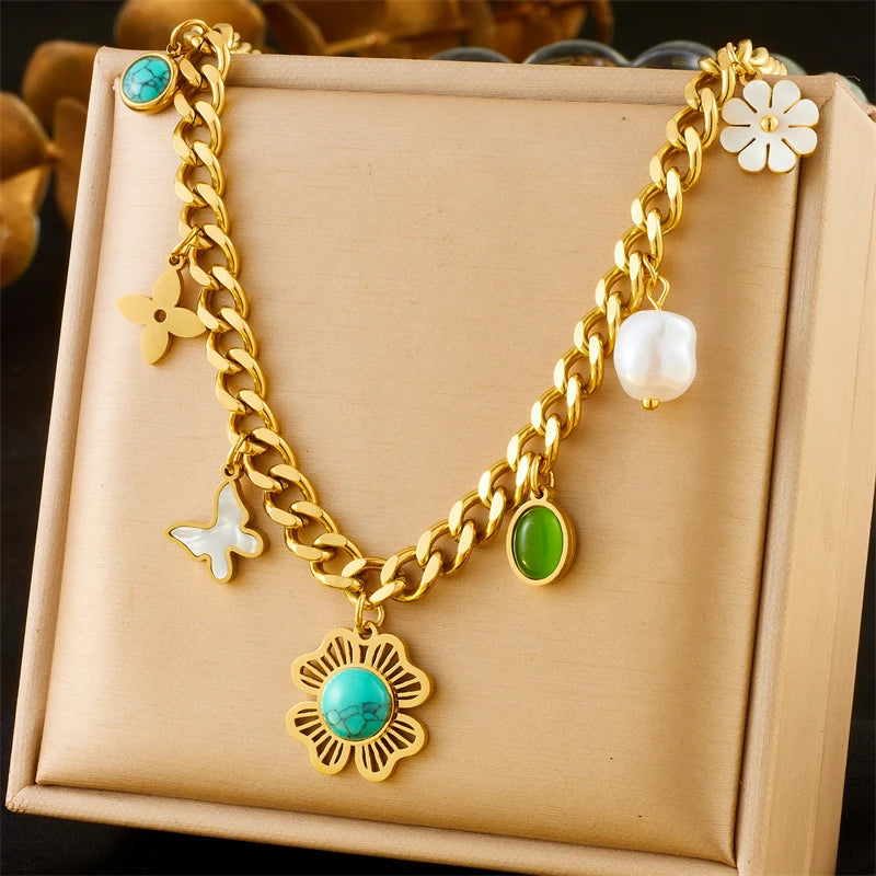 LAMENGLY 316L Stainless Steel Dopamine 5-Leaf Flower Bow Sun Heart  Cherry Necklace Women's Novel Chic Neck Chain Holiday Gifts