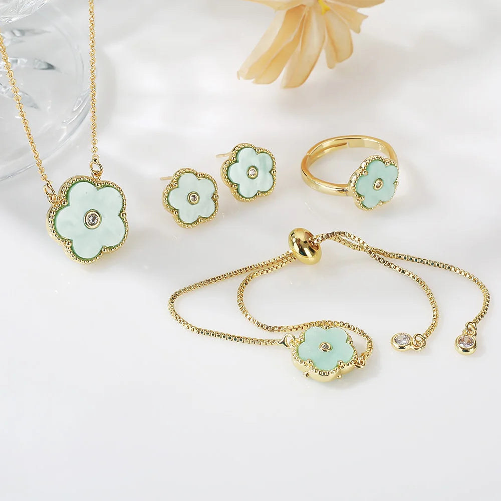 4pc Double-Sided Plum Blossom Jewelry Set Zircon New Hot Selling Plant Five Leaf Flower Women's High-Quality Clover