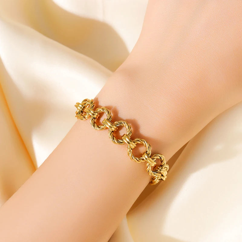 EILIECK 316L Stainless Steel Metal Gold Color Round Link Chain Necklace Bracelet Set For Women Fashion Punk Waterproof Jewelry