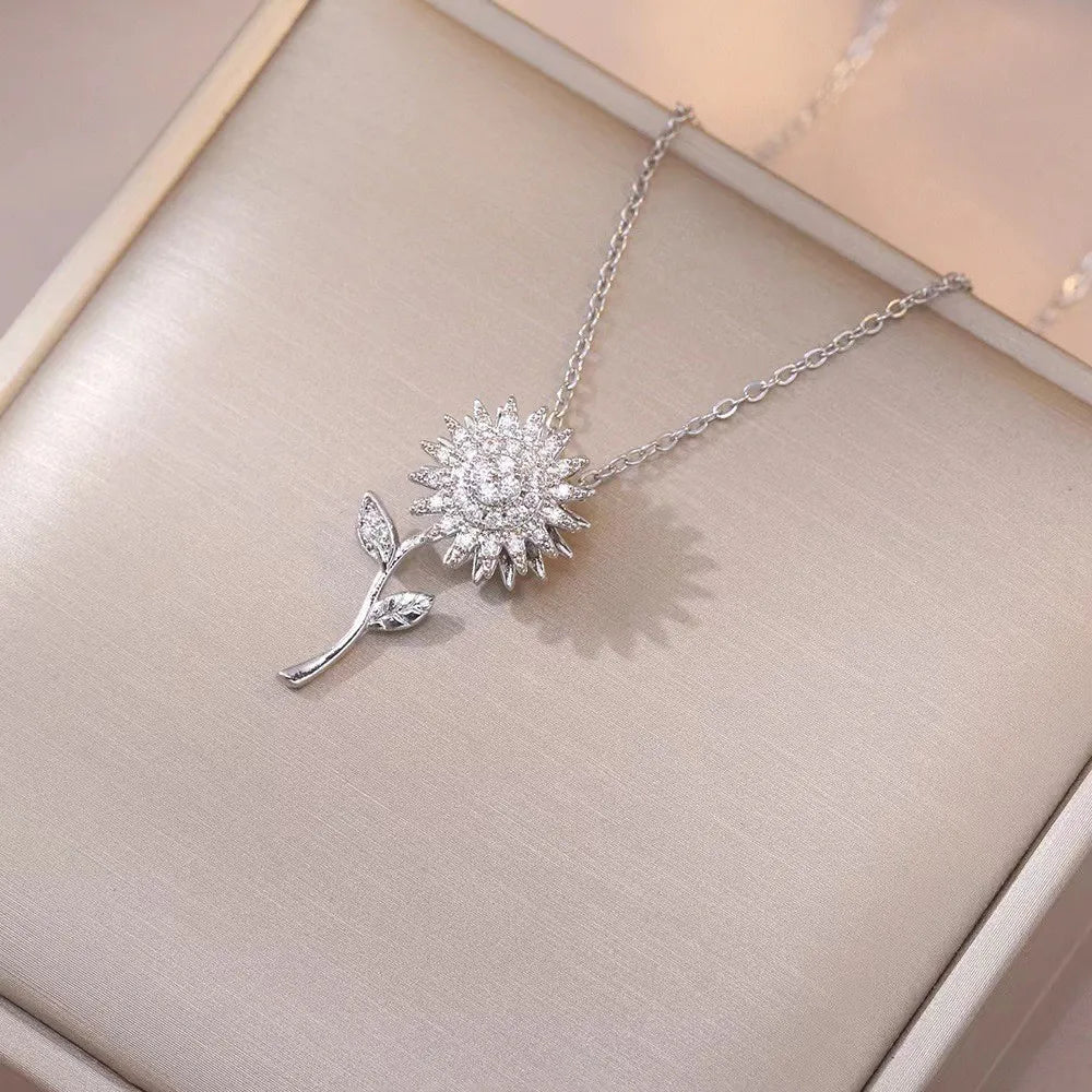 Trendy Rotating Spinner Sunflower Stainless Steel & Zircon Pendant Necklace