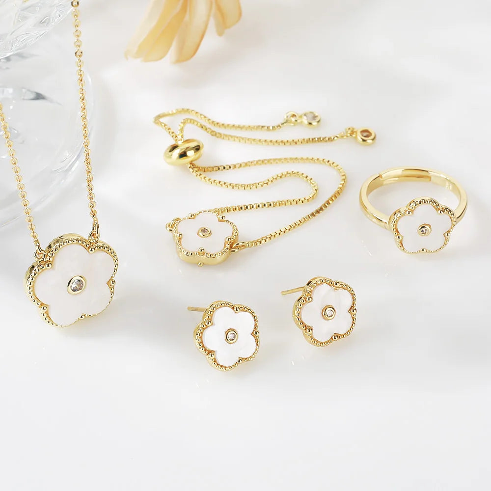 4pc Double-Sided Plum Blossom Jewelry Set Zircon New Hot Selling Plant Five Leaf Flower Women's High-Quality Clover
