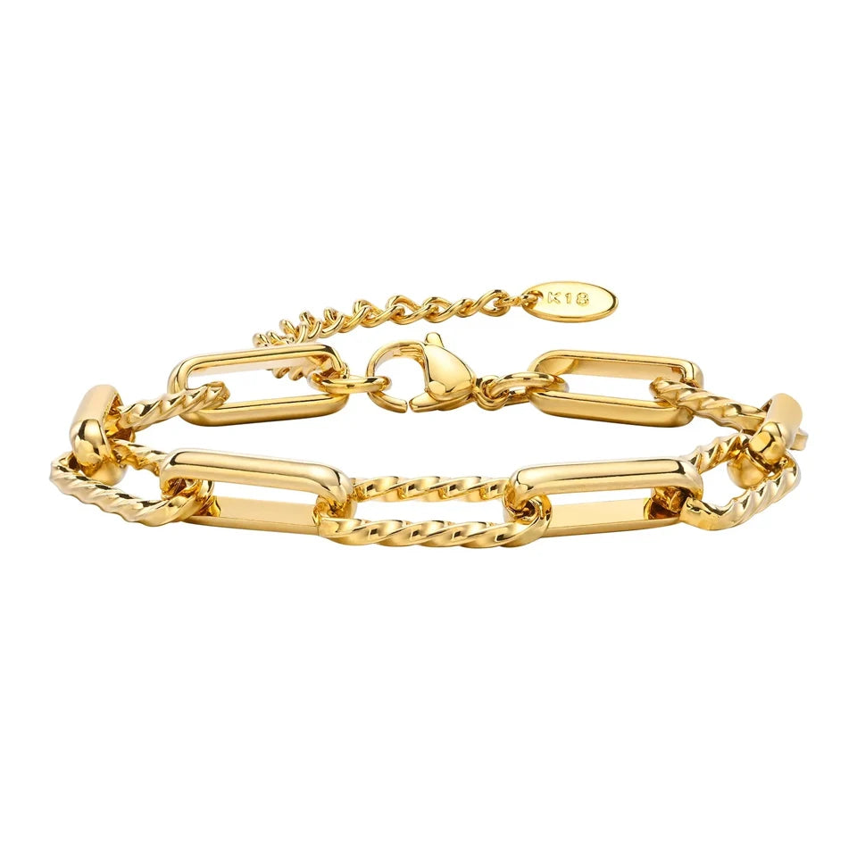 Classic Gold-Color Paperclip Chain & Rectangle Charm Bracelet