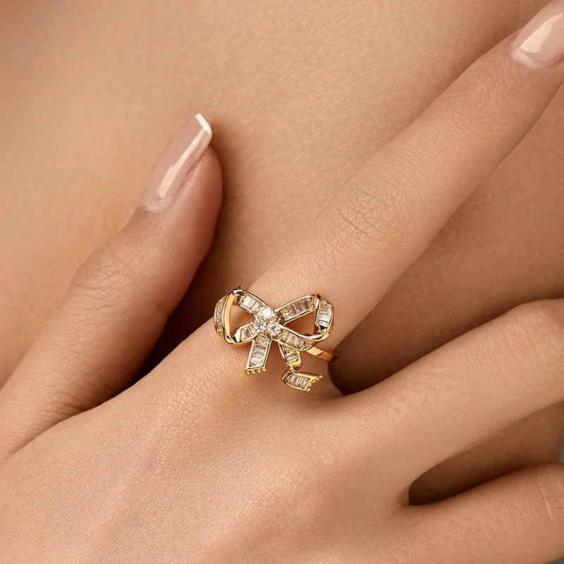 Personalized 18k Gold Plated Exquisite Zircon Ring with Opening Design European American Style Elegant Women Finger Ring