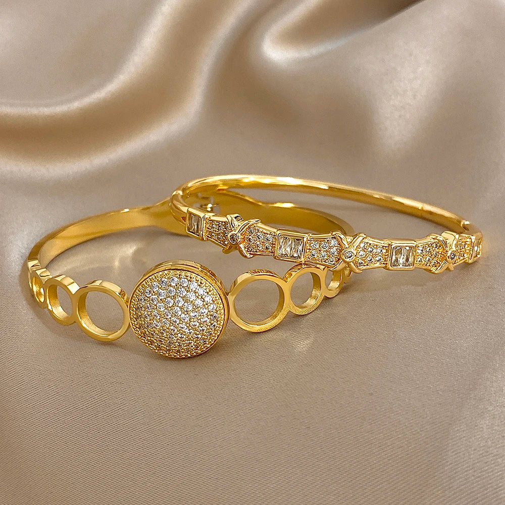 Stainless Steel Waterproof Shiny Zircon Geometric Stacked Cuff Bangle
