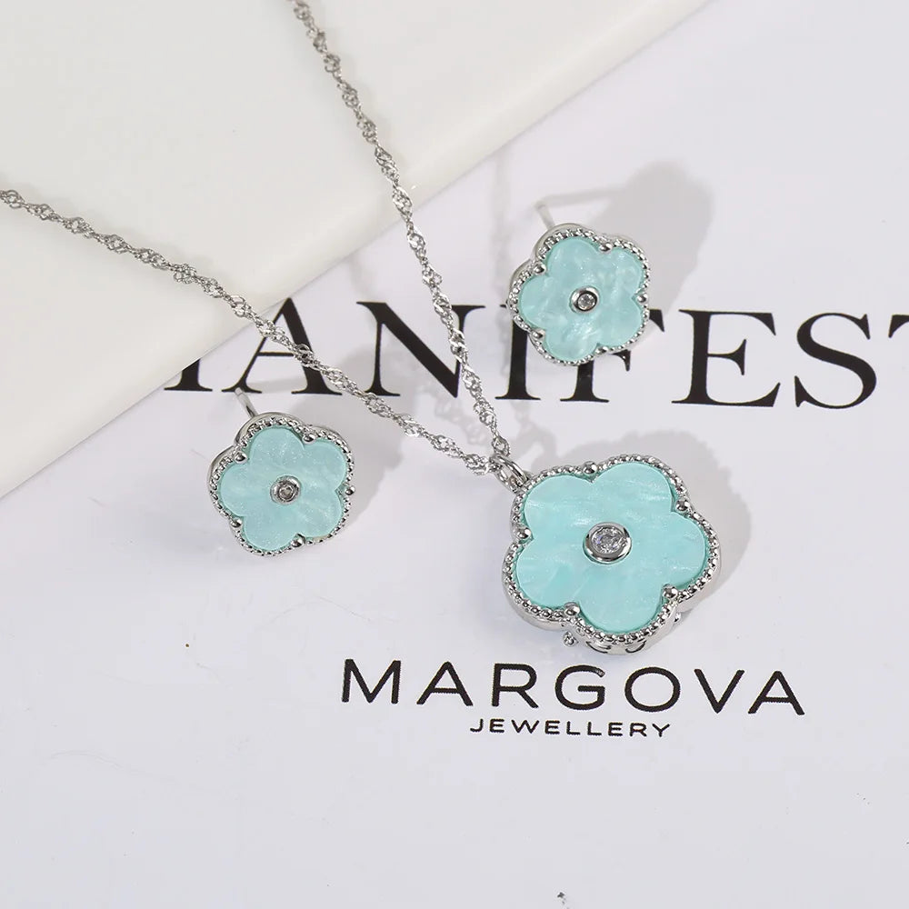 Double Sided Zircon New Design Plant Pentaphyllum 2pc Set Cute Shell Jewelry For Women's High-Quality Gifts Luxurious Clover