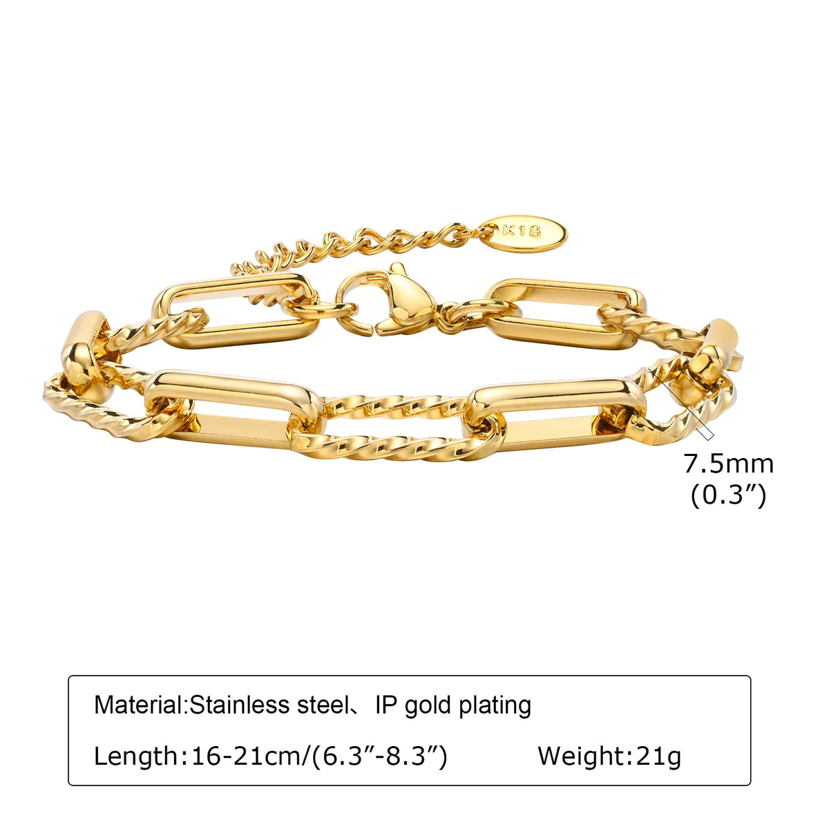 Classic Gold-Color Paperclip Chain & Rectangle Charm Bracelet