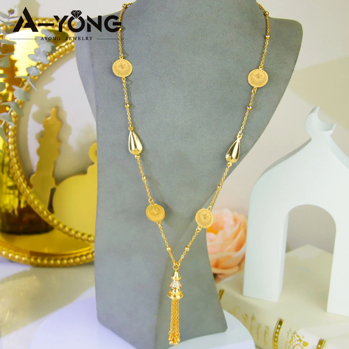 Oman Bridal Wedding Necklace 21k Gold Plated Turkish Fashion Coins Long Chains Nigeria Islamic Women Vintage Party Jewelry