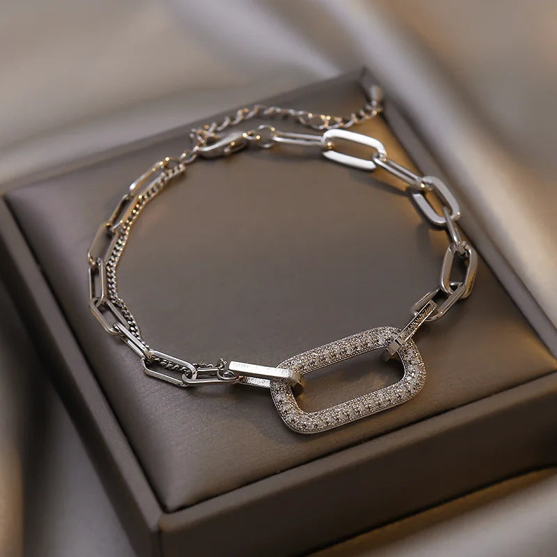 Vintage Simple Hollow Out Zircon Oval Chain Metal Bracelet Set for Woman Fashion Accessories Personalization Punk Charm Jewelry