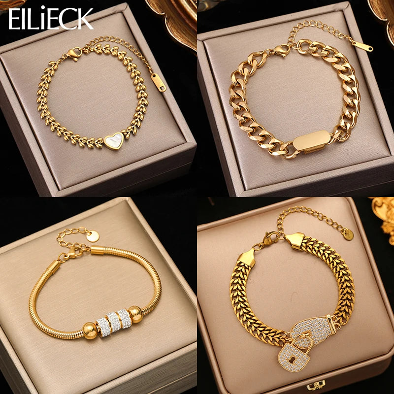 EILIECK Stainless Steel Gold Color Chain Bracelet Bangle For Women New Anti-Fading Fashion Jewelry Suitable for Daily Layering