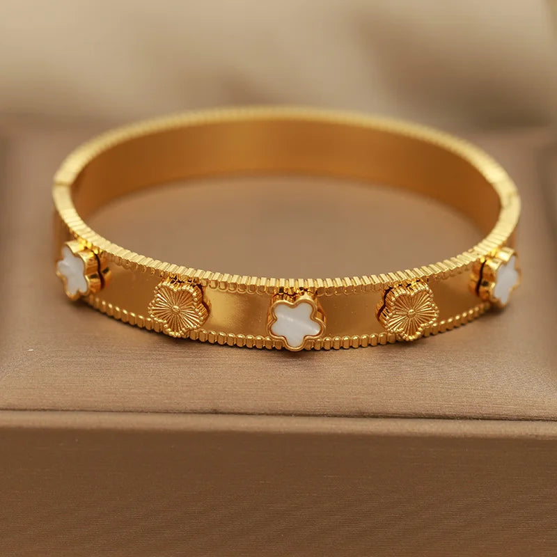 316L Stainless Steel Golden Flower Geometric Bamboo Bangle
